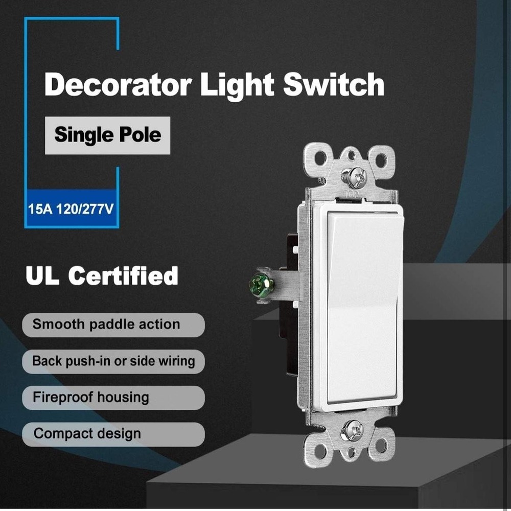 TENZA Decorator Light Switch 50 Pack Single Pole 15A 120-277V White UL Certified - Picture 2 of 9